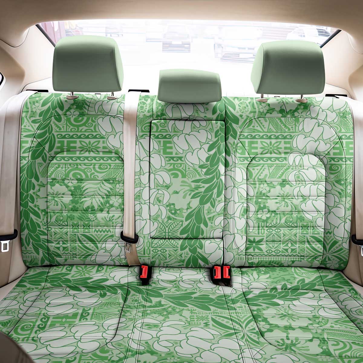 Green Puakenikeni and Maile Lei Back Car Seat Cover Hawaiian Style Tribal Tapa Double Strand Lei LT9 - Polynesian Pride