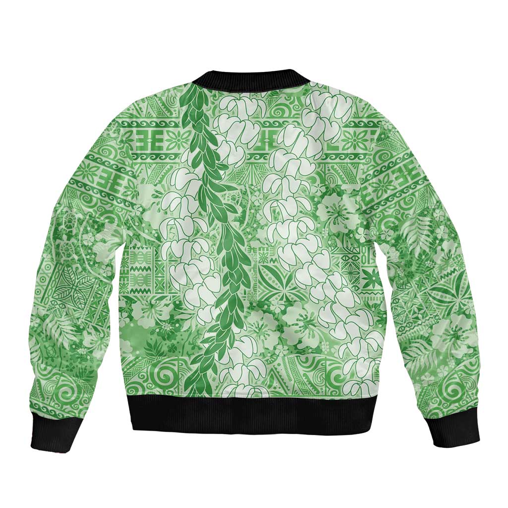 Green Puakenikeni and Maile Lei Bomber Jacket Hawaiian Style Tribal Tapa Double Strand Lei