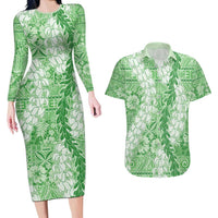 Green Puakenikeni and Maile Lei Couples Matching Long Sleeve Bodycon Dress and Hawaiian Shirt Hawaiian Style Tribal Tapa Double Strand Lei LT9 Green - Polynesian Pride