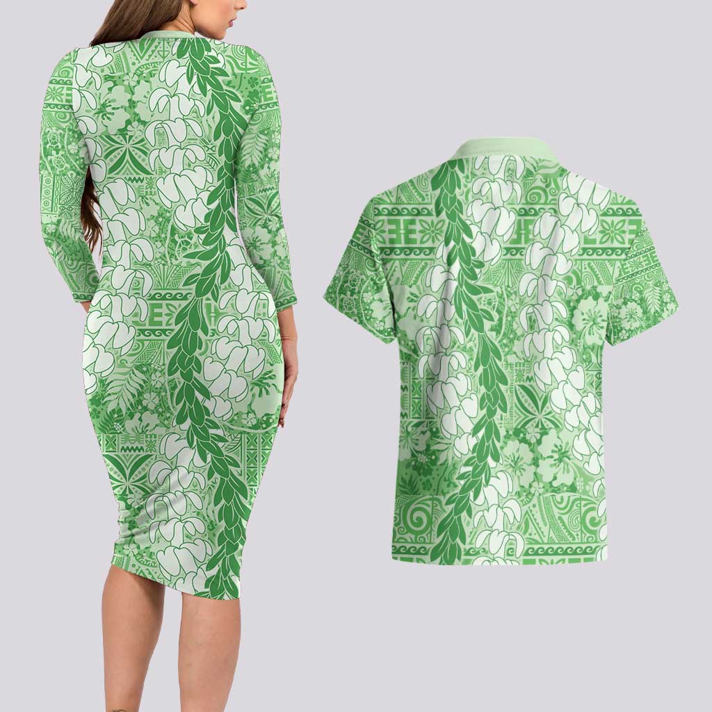 Green Puakenikeni and Maile Lei Couples Matching Long Sleeve Bodycon Dress and Hawaiian Shirt Hawaiian Style Tribal Tapa Double Strand Lei LT9 - Polynesian Pride