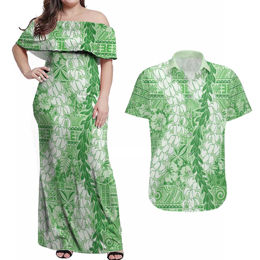 Green Puakenikeni and Maile Lei Couples Matching Off Shoulder Maxi Dress and Hawaiian Shirt Hawaiian Style Tribal Tapa Double Strand Lei LT9 Green - Polynesian Pride