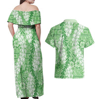 Green Puakenikeni and Maile Lei Couples Matching Off Shoulder Maxi Dress and Hawaiian Shirt Hawaiian Style Tribal Tapa Double Strand Lei LT9 - Polynesian Pride