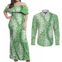 Green Puakenikeni and Maile Lei Couples Matching Off Shoulder Maxi Dress and Long Sleeve Button Shirt Hawaiian Style Tribal Tapa Double Strand Lei LT9 Green - Polynesian Pride