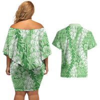 Green Puakenikeni and Maile Lei Couples Matching Off Shoulder Short Dress and Hawaiian Shirt Hawaiian Style Tribal Tapa Double Strand Lei LT9 - Polynesian Pride