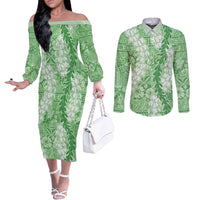 Green Puakenikeni and Maile Lei Couples Matching Off The Shoulder Long Sleeve Dress and Long Sleeve Button Shirt Hawaiian Style Tribal Tapa Double Strand Lei LT9 Green - Polynesian Pride