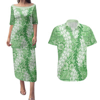 Green Puakenikeni and Maile Lei Couples Matching Puletasi and Hawaiian Shirt Hawaiian Style Tribal Tapa Double Strand Lei LT9 Green - Polynesian Pride
