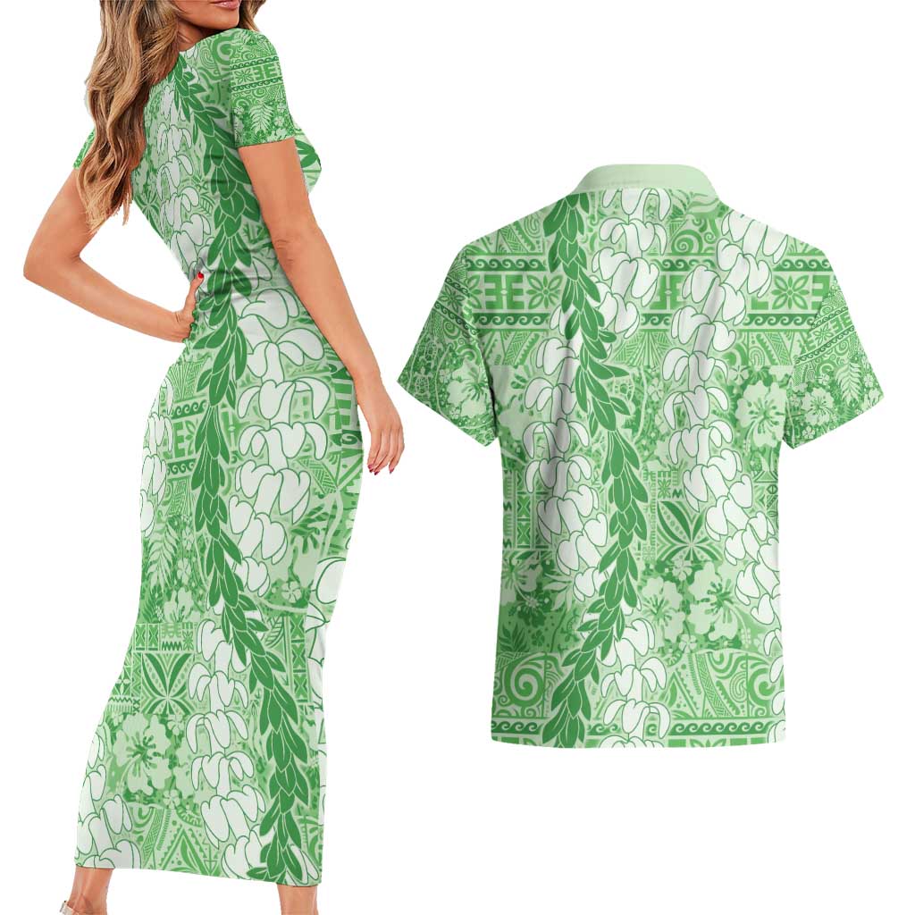 Green Puakenikeni and Maile Lei Couples Matching Short Sleeve Bodycon Dress and Hawaiian Shirt Hawaiian Style Tribal Tapa Double Strand Lei LT9 - Polynesian Pride