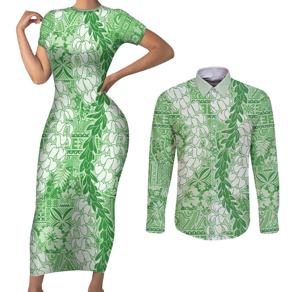 Green Puakenikeni and Maile Lei Couples Matching Short Sleeve Bodycon Dress and Long Sleeve Button Shirt Hawaiian Style Tribal Tapa Double Strand Lei LT9 Green - Polynesian Pride