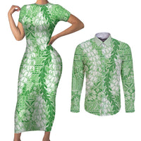 Green Puakenikeni and Maile Lei Couples Matching Short Sleeve Bodycon Dress and Long Sleeve Button Shirt Hawaiian Style Tribal Tapa Double Strand Lei LT9 Green - Polynesian Pride