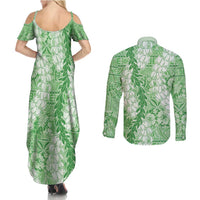 Green Puakenikeni and Maile Lei Couples Matching Summer Maxi Dress and Long Sleeve Button Shirt Hawaiian Style Tribal Tapa Double Strand Lei LT9 - Polynesian Pride
