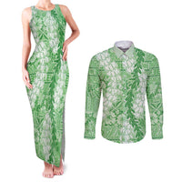 Green Puakenikeni and Maile Lei Couples Matching Tank Maxi Dress and Long Sleeve Button Shirt Hawaiian Style Tribal Tapa Double Strand Lei LT9 Green - Polynesian Pride
