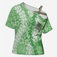 Green Puakenikeni and Maile Lei Cross Shoulder Shirt Hawaiian Style Tribal Tapa Double Strand Lei LT9 Female Green - Polynesian Pride