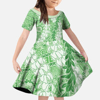 Green Puakenikeni and Maile Lei Family Matching Long Sleeve Bodycon Dress and Hawaiian Shirt Hawaiian Style Tribal Tapa Double Strand Lei LT9 Daughter's Dress Green - Polynesian Pride