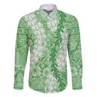 Green Puakenikeni and Maile Lei Family Matching Long Sleeve Bodycon Dress and Hawaiian Shirt Hawaiian Style Tribal Tapa Double Strand Lei LT9 Dad's Shirt - Long Sleeve Green - Polynesian Pride