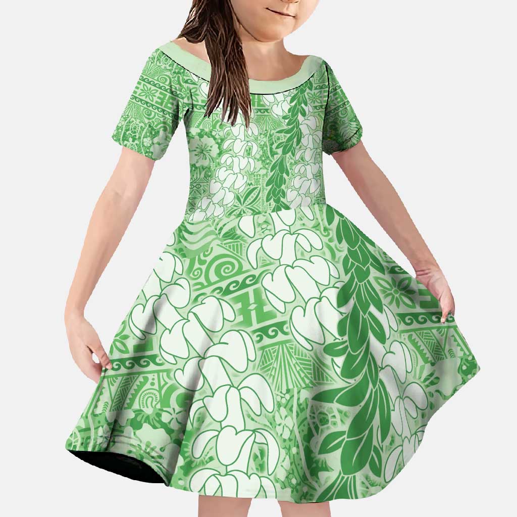 Green Puakenikeni and Maile Lei Family Matching Off Shoulder Maxi Dress and Hawaiian Shirt Hawaiian Style Tribal Tapa Double Strand Lei LT9 Daughter's Dress Green - Polynesian Pride