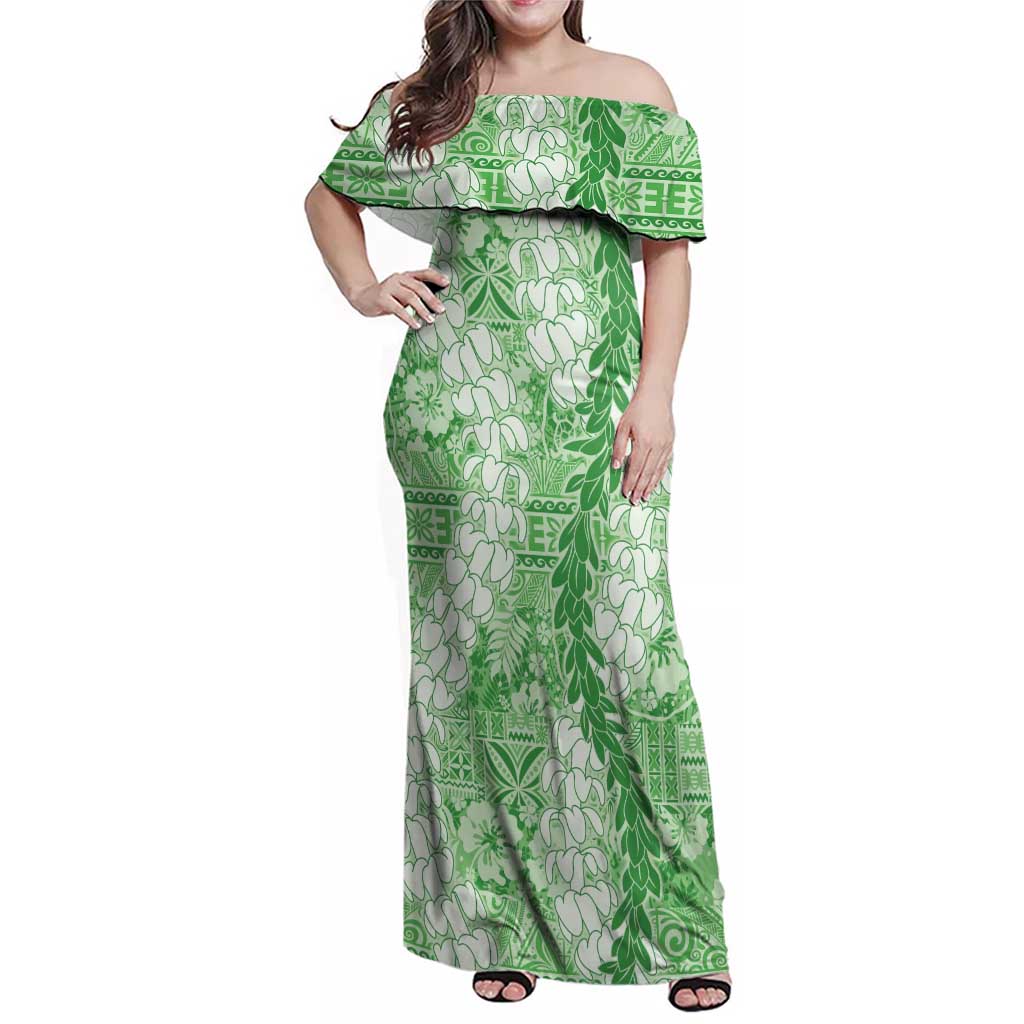 Green Puakenikeni and Maile Lei Family Matching Off Shoulder Maxi Dress and Hawaiian Shirt Hawaiian Style Tribal Tapa Double Strand Lei LT9 Mom's Dress Green - Polynesian Pride