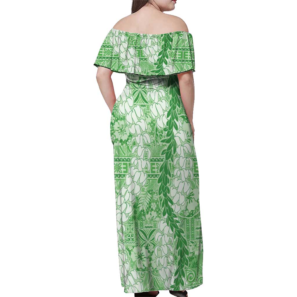Green Puakenikeni and Maile Lei Family Matching Off Shoulder Maxi Dress and Hawaiian Shirt Hawaiian Style Tribal Tapa Double Strand Lei LT9 - Polynesian Pride
