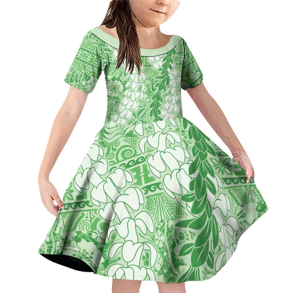 Green Puakenikeni and Maile Lei Family Matching Off Shoulder Short Dress and Hawaiian Shirt Hawaiian Style Tribal Tapa Double Strand Lei LT9 Daughter's Dress Green - Polynesian Pride
