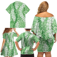 Green Puakenikeni and Maile Lei Family Matching Off Shoulder Short Dress and Hawaiian Shirt Hawaiian Style Tribal Tapa Double Strand Lei LT9 - Polynesian Pride