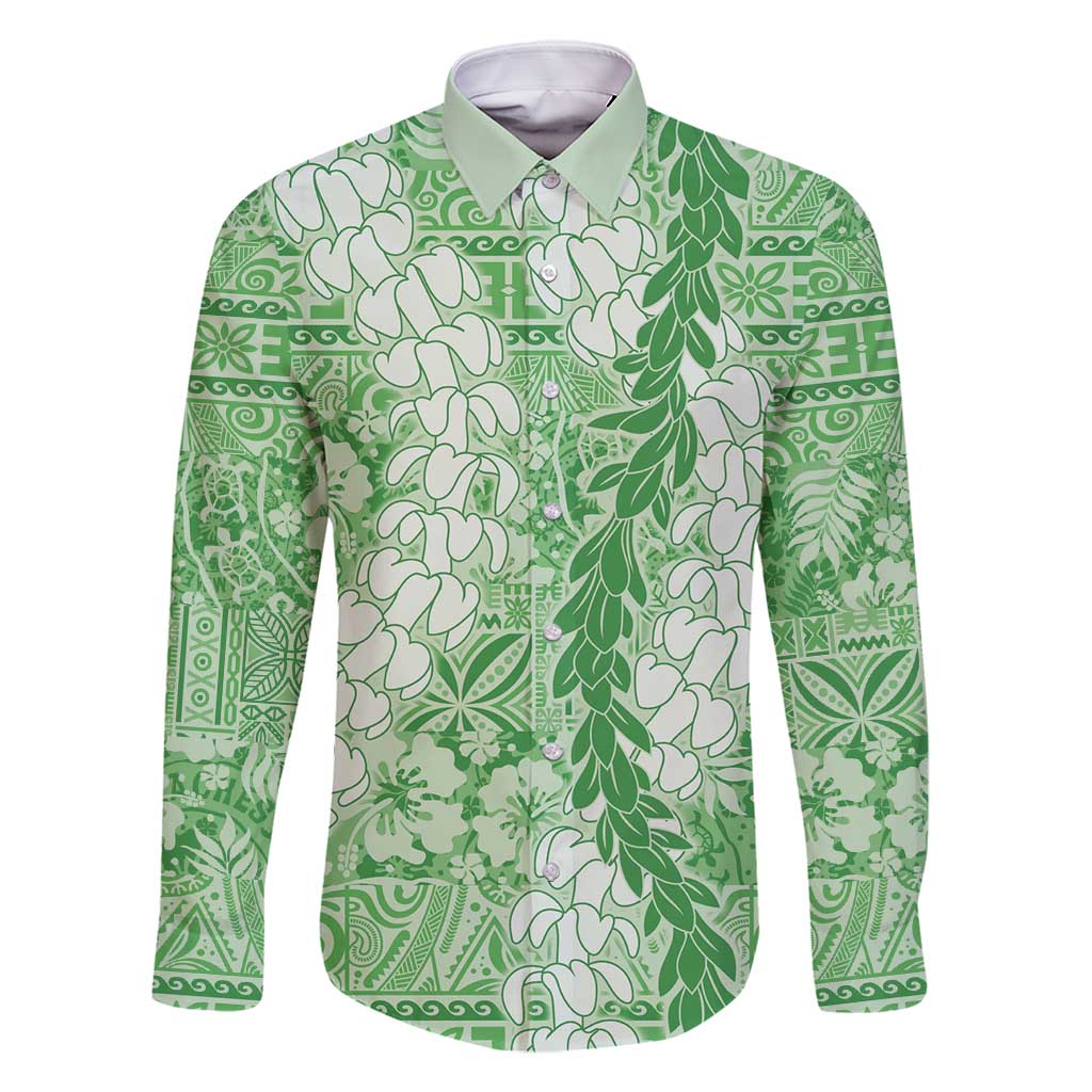 Green Puakenikeni and Maile Lei Family Matching Off Shoulder Short Dress and Hawaiian Shirt Hawaiian Style Tribal Tapa Double Strand Lei LT9 Dad's Shirt - Long Sleeve Green - Polynesian Pride