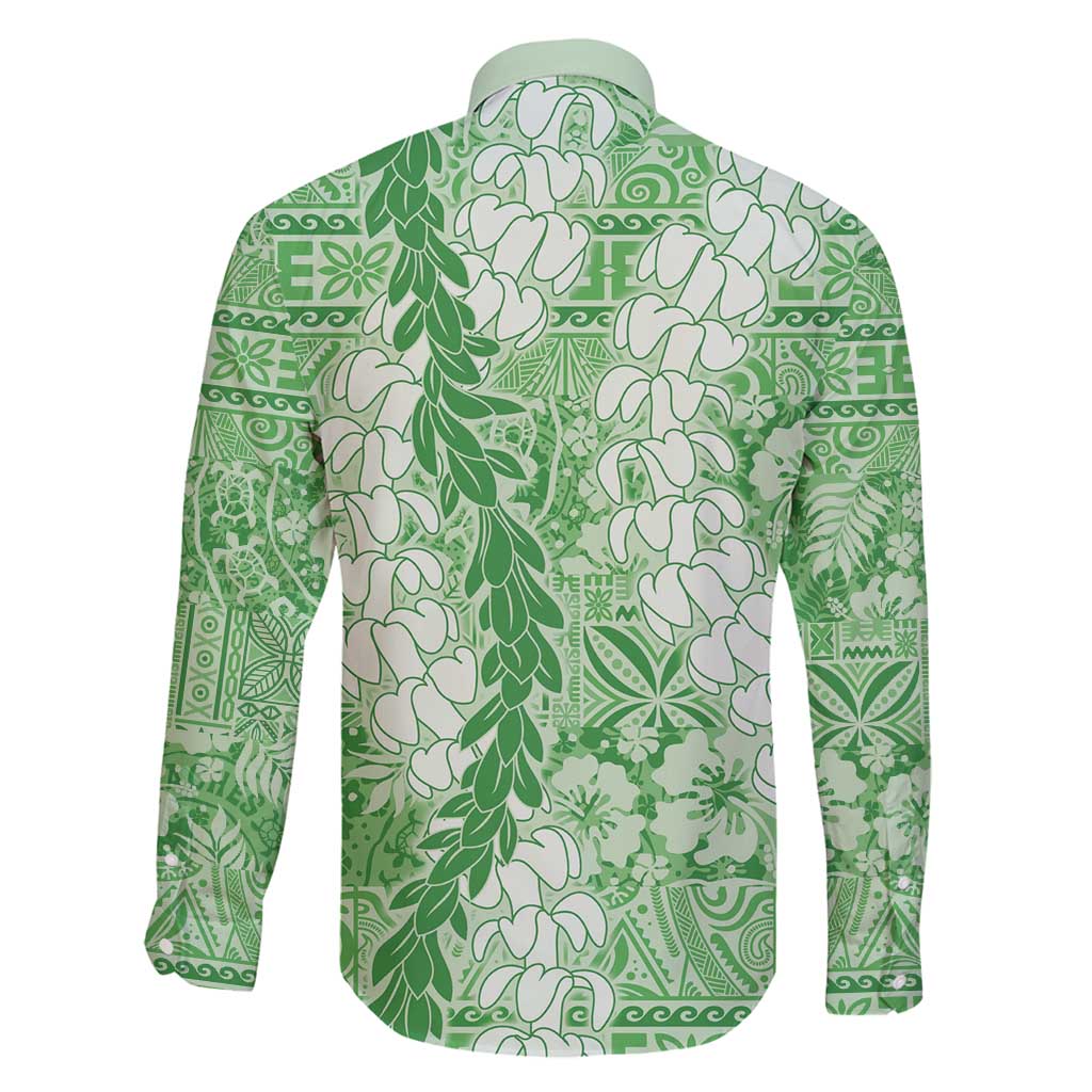 Green Puakenikeni and Maile Lei Family Matching Off Shoulder Short Dress and Hawaiian Shirt Hawaiian Style Tribal Tapa Double Strand Lei LT9 - Polynesian Pride