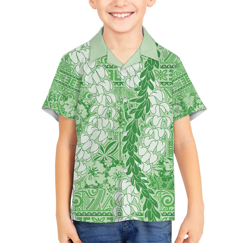 Green Puakenikeni and Maile Lei Family Matching Off Shoulder Short Dress and Hawaiian Shirt Hawaiian Style Tribal Tapa Double Strand Lei LT9 Son's Shirt Green - Polynesian Pride