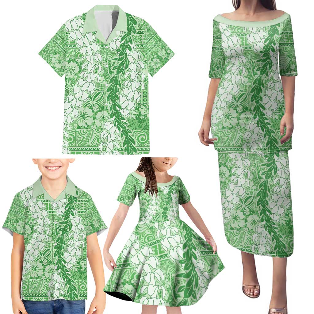Green Puakenikeni and Maile Lei Family Matching Puletasi and Hawaiian Shirt Hawaiian Style Tribal Tapa Double Strand Lei LT9 - Polynesian Pride