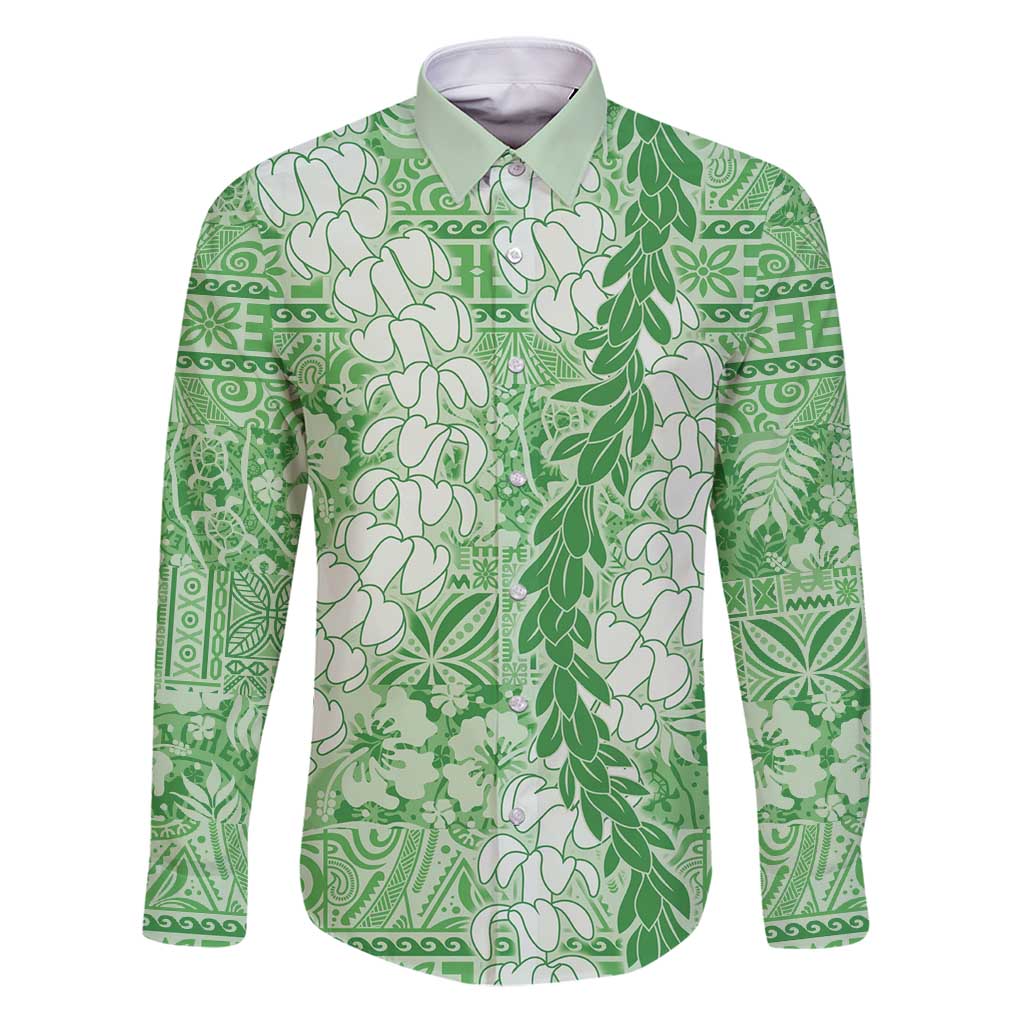 Green Puakenikeni and Maile Lei Family Matching Puletasi and Hawaiian Shirt Hawaiian Style Tribal Tapa Double Strand Lei LT9 Dad's Shirt - Long Sleeve Green - Polynesian Pride