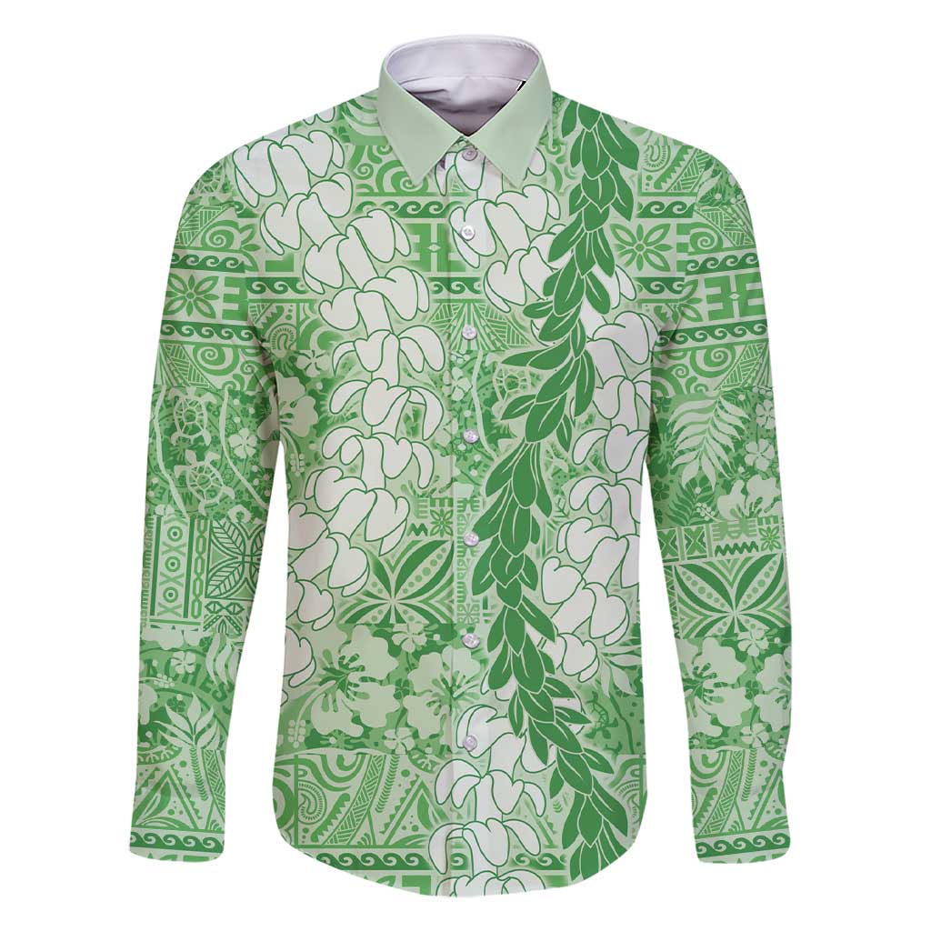 Green Puakenikeni and Maile Lei Family Matching Short Sleeve Bodycon Dress and Hawaiian Shirt Hawaiian Style Tribal Tapa Double Strand Lei LT9 Dad's Shirt - Long Sleeve Green - Polynesian Pride