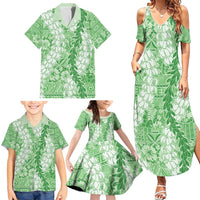 Green Puakenikeni and Maile Lei Family Matching Summer Maxi Dress and Hawaiian Shirt Hawaiian Style Tribal Tapa Double Strand Lei LT9 - Polynesian Pride