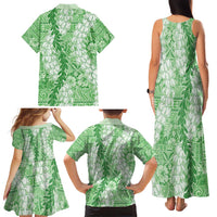 Green Puakenikeni and Maile Lei Family Matching Tank Maxi Dress and Hawaiian Shirt Hawaiian Style Tribal Tapa Double Strand Lei LT9 - Polynesian Pride
