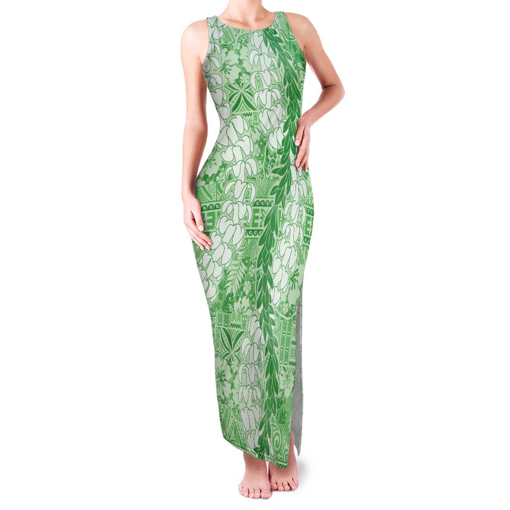 Green Puakenikeni and Maile Lei Family Matching Tank Maxi Dress and Hawaiian Shirt Hawaiian Style Tribal Tapa Double Strand Lei LT9 Mom's Dress Green - Polynesian Pride