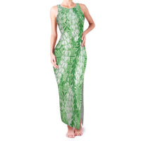 Green Puakenikeni and Maile Lei Family Matching Tank Maxi Dress and Hawaiian Shirt Hawaiian Style Tribal Tapa Double Strand Lei LT9 Mom's Dress Green - Polynesian Pride