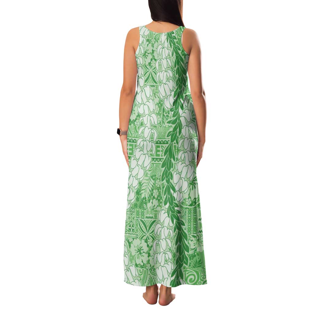 Green Puakenikeni and Maile Lei Family Matching Tank Maxi Dress and Hawaiian Shirt Hawaiian Style Tribal Tapa Double Strand Lei LT9 - Polynesian Pride