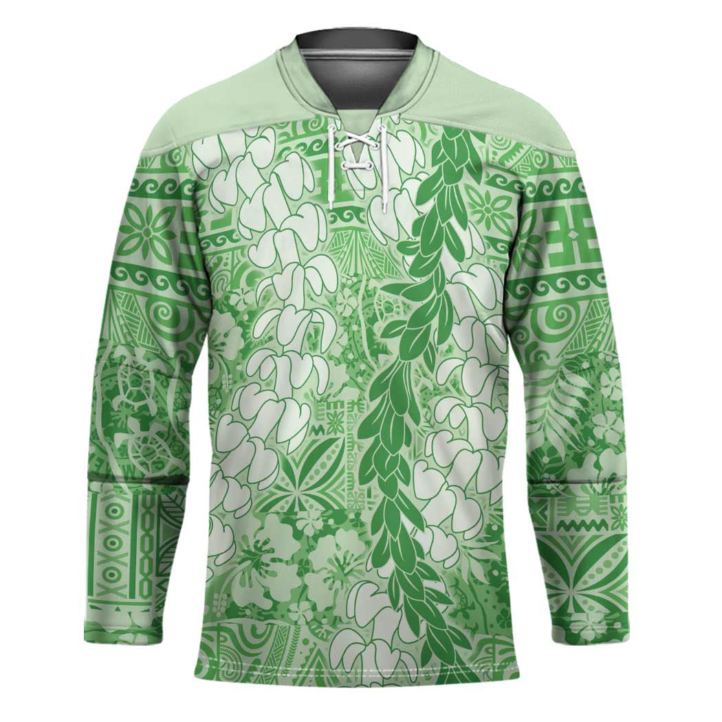Green Puakenikeni and Maile Lei Hockey Jersey Hawaiian Style Tribal Tapa Double Strand Lei - Polynesian Pride