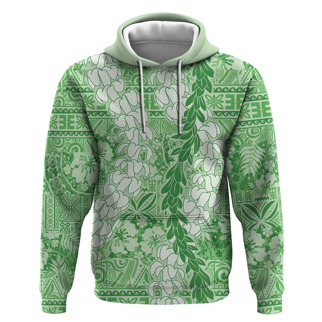 Green Puakenikeni and Maile Lei Hoodie Hawaiian Style Tribal Tapa Double Strand Lei LT9 Pullover Hoodie Green - Polynesian Pride