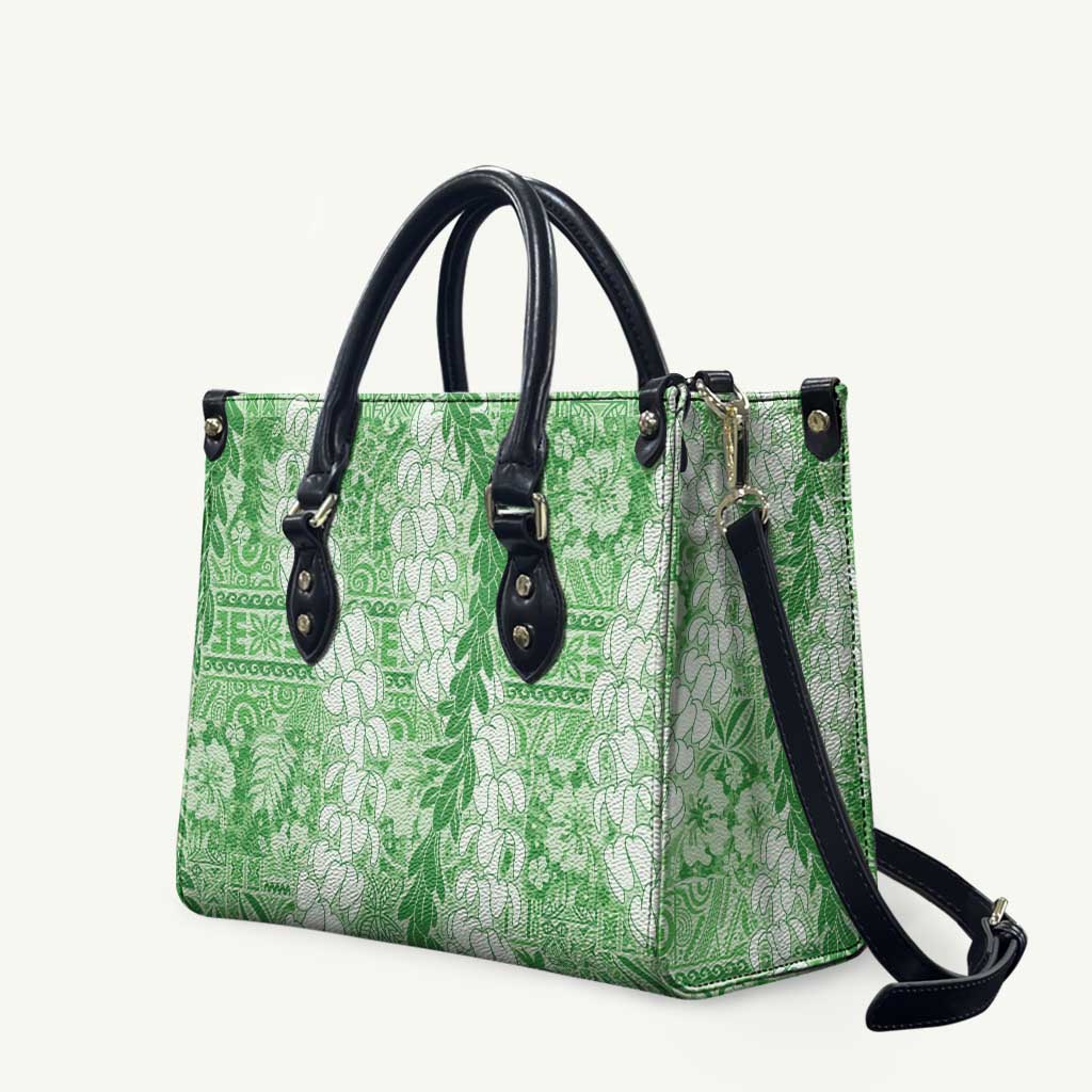 Green Puakenikeni and Maile Lei Leather Bag Hawaiian Style Tribal Tapa Double Strand Lei - Polynesian Pride