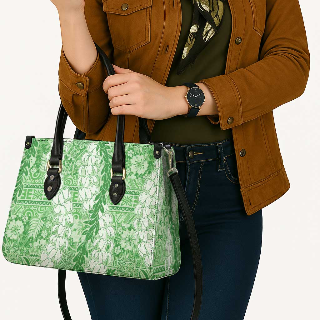 Green Puakenikeni and Maile Lei Leather Bag Hawaiian Style Tribal Tapa Double Strand Lei - Polynesian Pride