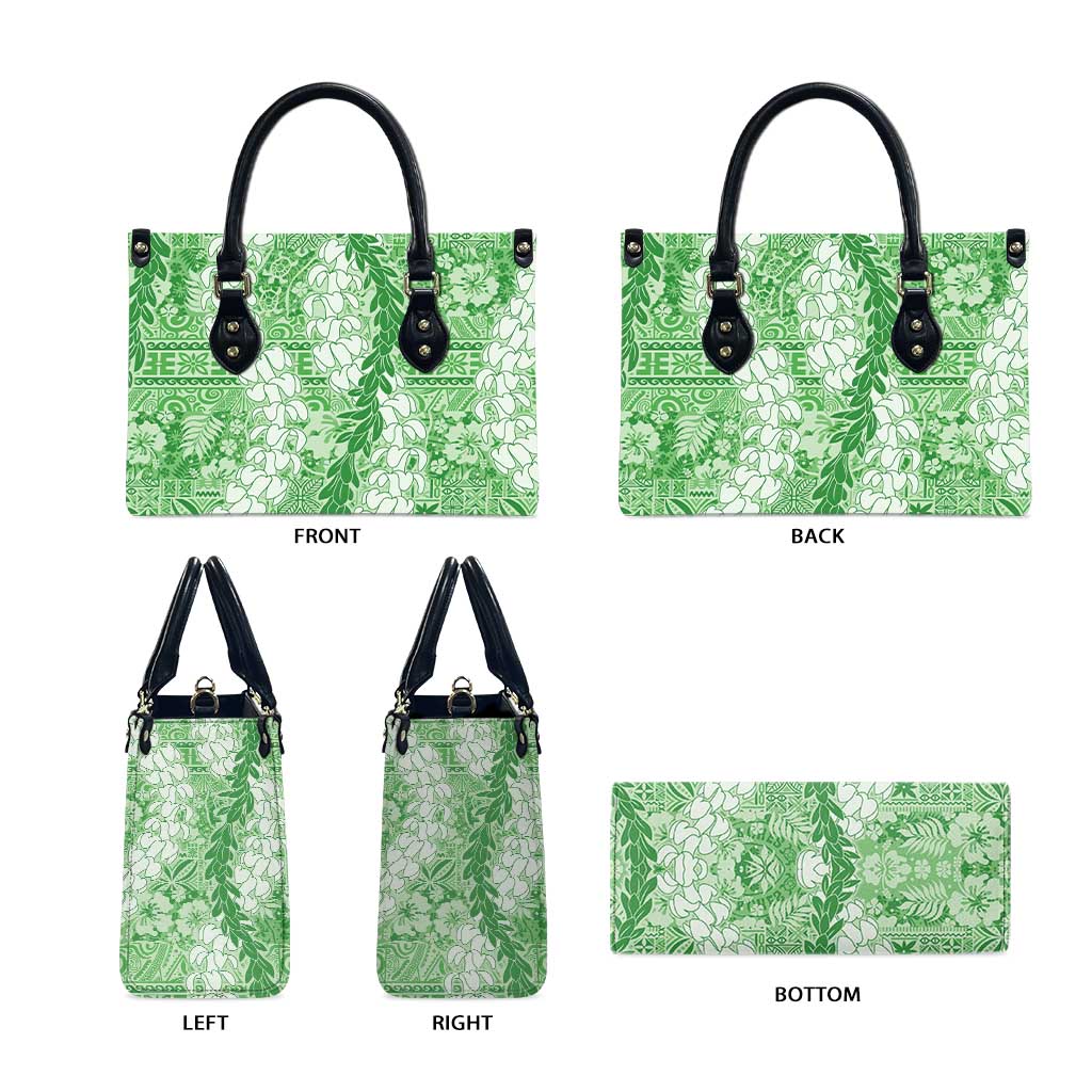 Green Puakenikeni and Maile Lei Leather Bag Hawaiian Style Tribal Tapa Double Strand Lei - Polynesian Pride