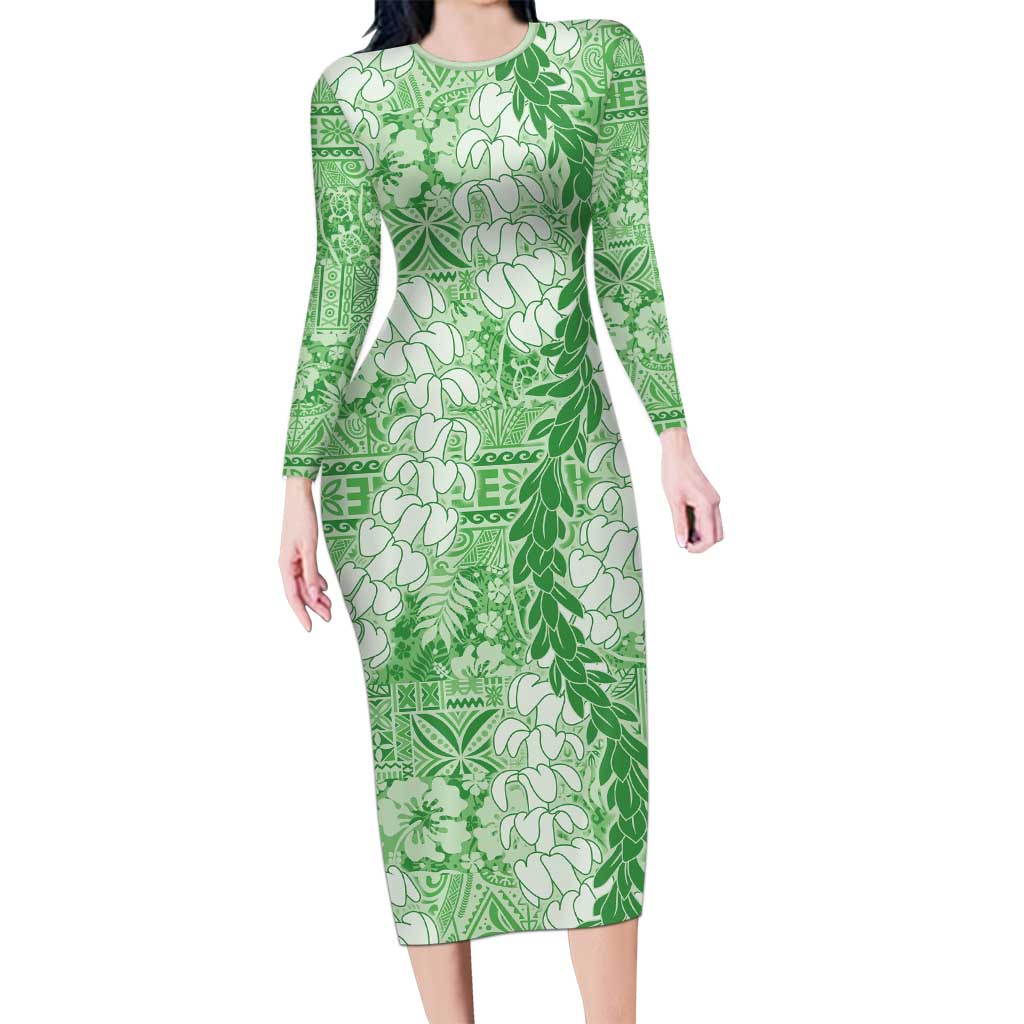 Green Puakenikeni and Maile Lei Long Sleeve Bodycon Dress Hawaiian Style Tribal Tapa Double Strand Lei