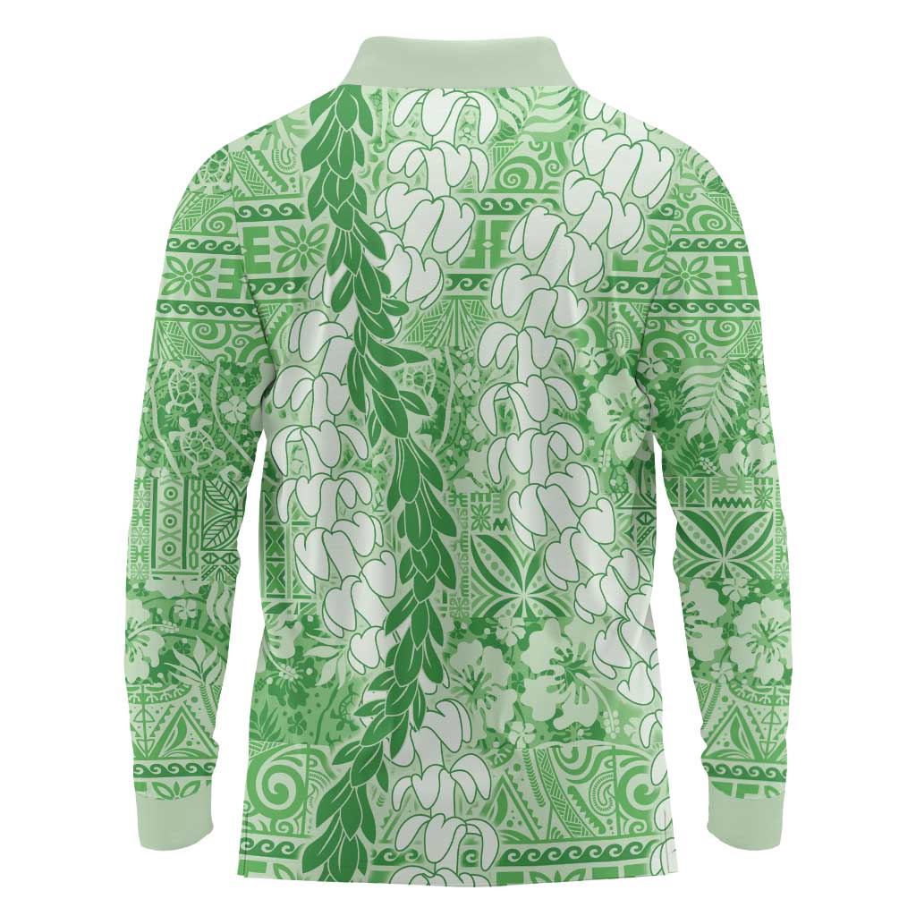 Green Puakenikeni and Maile Lei Long Sleeve Polo Shirt Hawaiian Style Tribal Tapa Double Strand Lei LT9 - Polynesian Pride