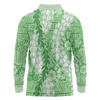 Green Puakenikeni and Maile Lei Long Sleeve Polo Shirt Hawaiian Style Tribal Tapa Double Strand Lei LT9 - Polynesian Pride