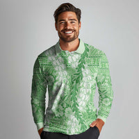 Green Puakenikeni and Maile Lei Long Sleeve Polo Shirt Hawaiian Style Tribal Tapa Double Strand Lei LT9 - Polynesian Pride