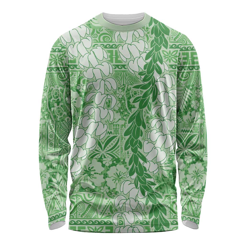 Green Puakenikeni and Maile Lei Long Sleeve Shirt Hawaiian Style Tribal Tapa Double Strand Lei LT9 Unisex Green - Polynesian Pride