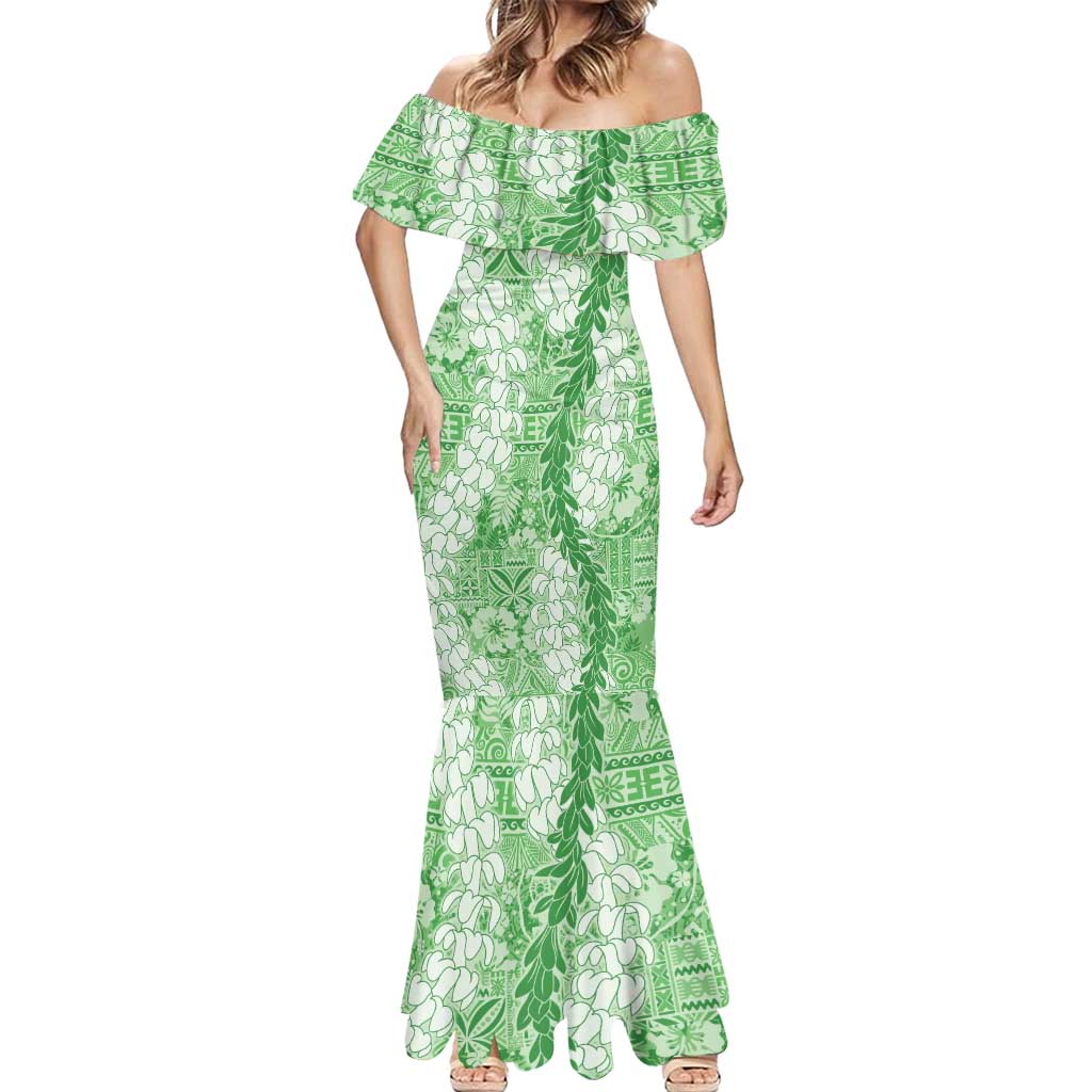 Green Puakenikeni and Maile Lei Mermaid Dress Hawaiian Style Tribal Tapa Double Strand Lei LT9 - Polynesian Pride