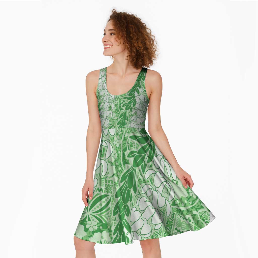 Green Puakenikeni and Maile Lei Midi Dress Hawaiian Style Tribal Tapa Double Strand Lei LT9 - Polynesian Pride