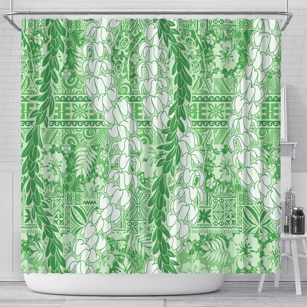 Green Puakenikeni and Maile Lei Shower Curtain Hawaiian Style Tribal Tapa Double Strand Lei