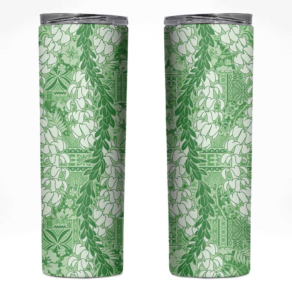 Green Puakenikeni and Maile Lei Skinny Tumbler Hawaiian Style Tribal Tapa Double Strand Lei LT9 Green - Polynesian Pride