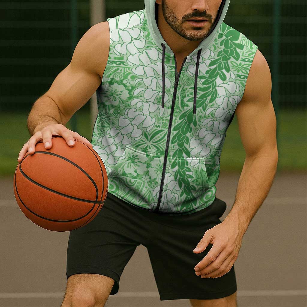 Green Puakenikeni and Maile Lei Sleeveless Zip Hoodie Hawaiian Style Tribal Tapa Double Strand Lei LT9 - Polynesian Pride