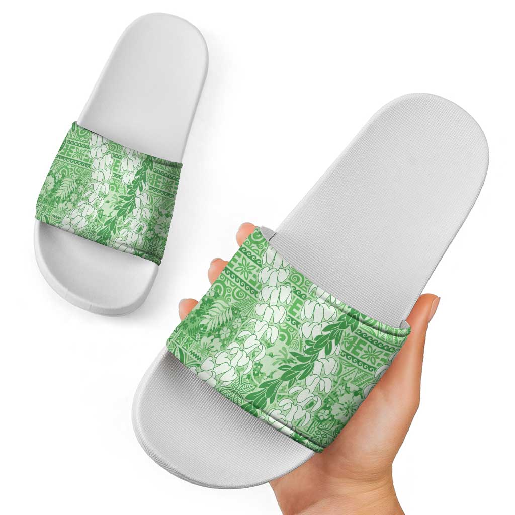 Green Puakenikeni and Maile Lei Slide Sandals Hawaiian Style Tribal Tapa Double Strand Lei - Polynesian Pride